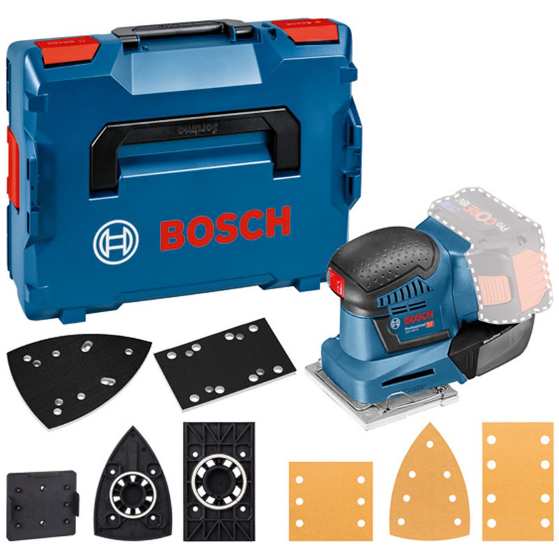 Bosch Akku-Schwingschleifer GSS 18V-10, Solo Version, L-BOXX, Grundplatten, 3 x Schleifblatt