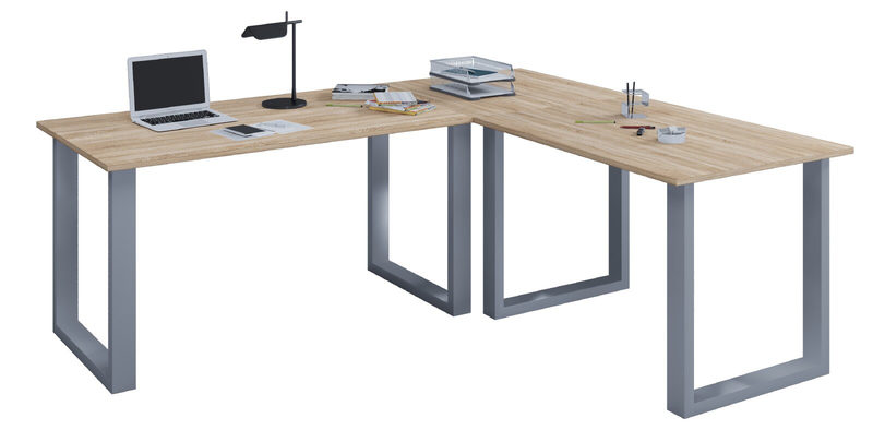 Eckschreibtisch, Winkel 90°, Bügelfuß, B 2200 x T 800/1900 x H 760 mm, Sonoma Eiche/silber