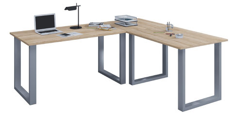 Eckschreibtisch, Winkel 90°, Bügelfuß, B 2200 x T 800/1900 x H 760 mm, Sonoma Eiche/silber