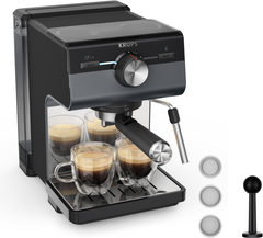 Krups Espressomaschine XP384G Authentic+, Siebträger intuitives Bedienfeld, Milch-Aufschäumdüse, 3