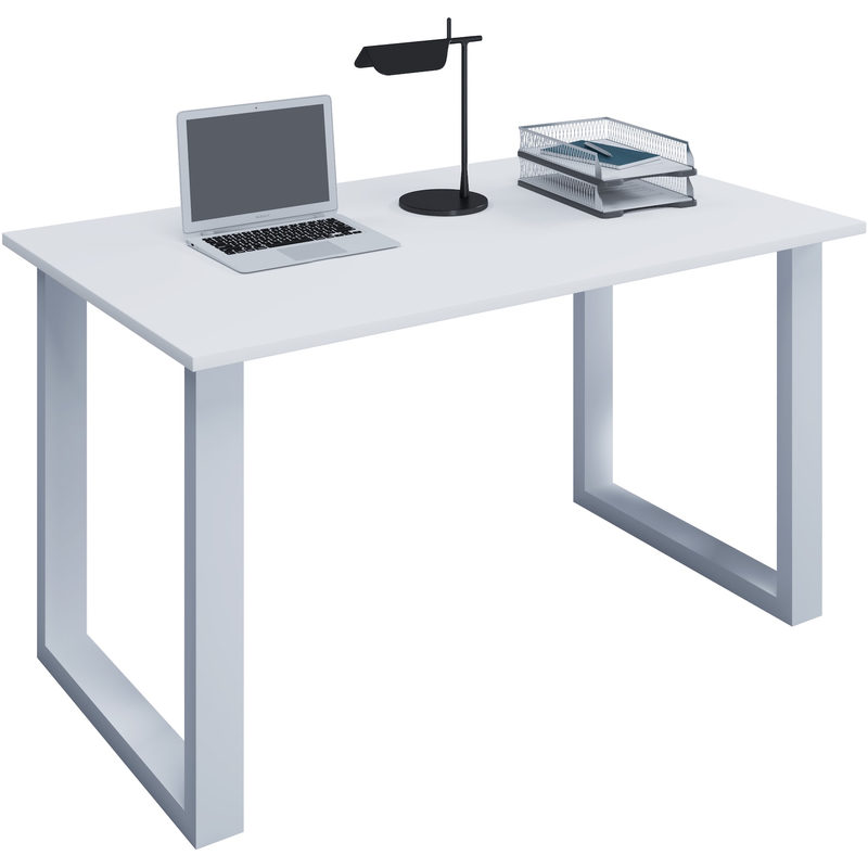 Schreibtisch, rechteckig, Bügelfuß, B 1400 x T 800 x H 760 mm, weiß/silber, Bild 2