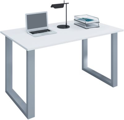 Schreibtisch, rechteckig, Bügelfuß, B 1400 x T 800 x H 760 mm, weiß/silber